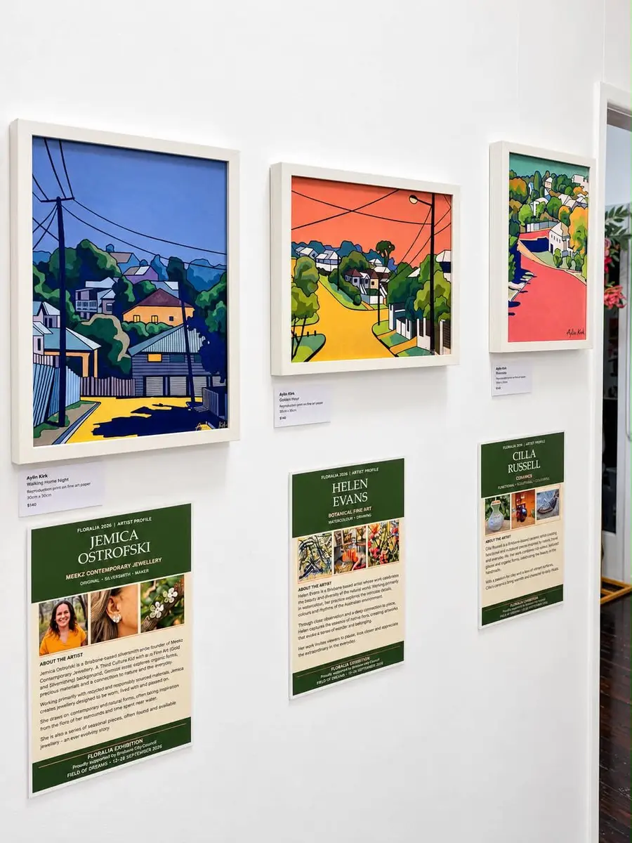 Colourful street-scene paintings beside artist information panels