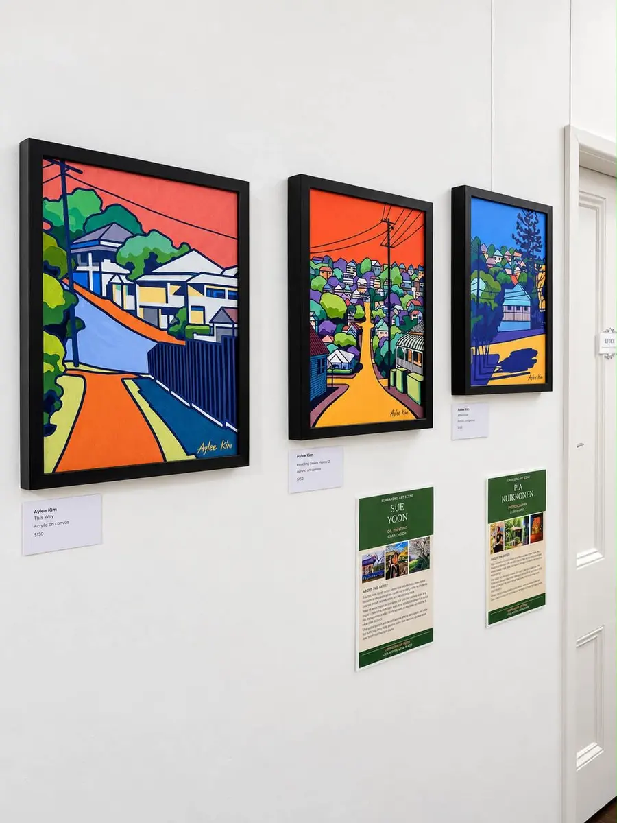 Three bold, black-framed street scenes on the wall